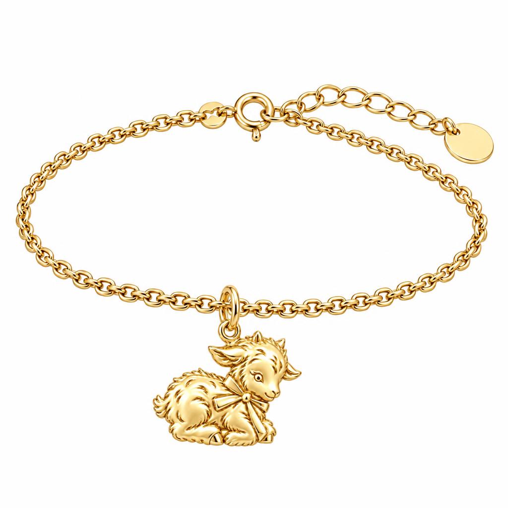 Sweet Baby Goat with Bow Charm Bracelet Set – 18K gold, front view