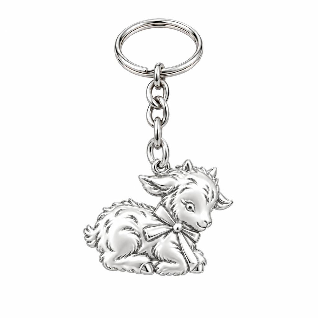 Sweet Baby Goat with Bow Charm Keychain – silver, front view