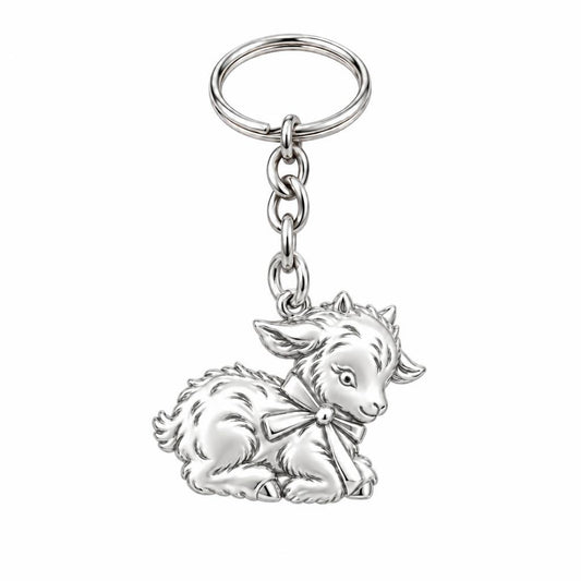 Sweet Baby Goat with Bow Charm Keychain – silver, front view