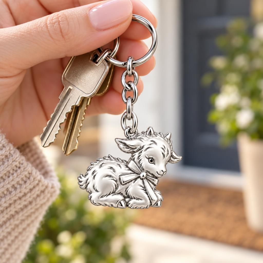 Sweet Baby Goat with Bow Charm Keychain – worn / in use