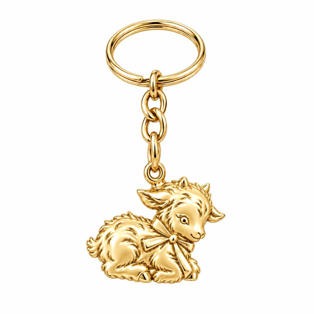 Sweet Baby Goat with Bow Charm Keychain – 18K gold, front view