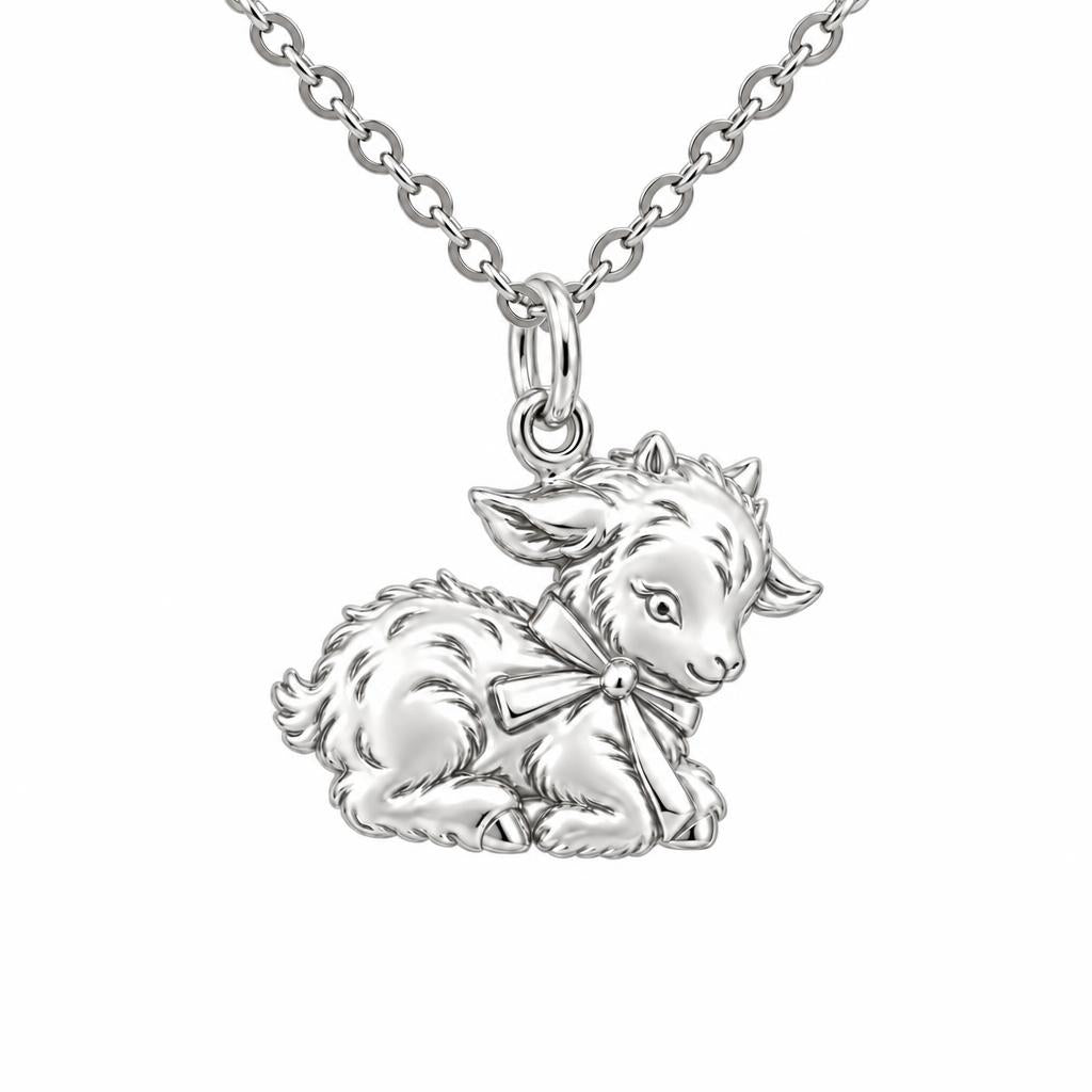 Sweet Baby Goat with Bow Charm Necklace Set – silver, front view