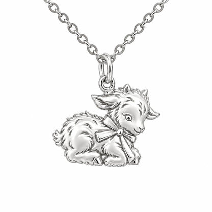 Sweet Baby Goat with Bow Charm Necklace Set – silver, front view