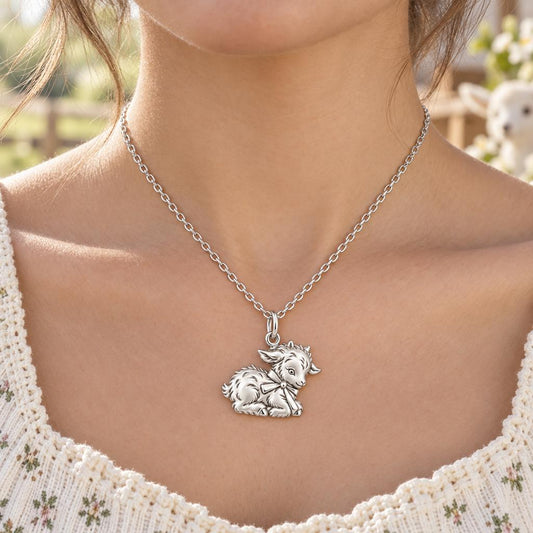 Sweet Baby Goat with Bow Charm Necklace Set – worn / in use