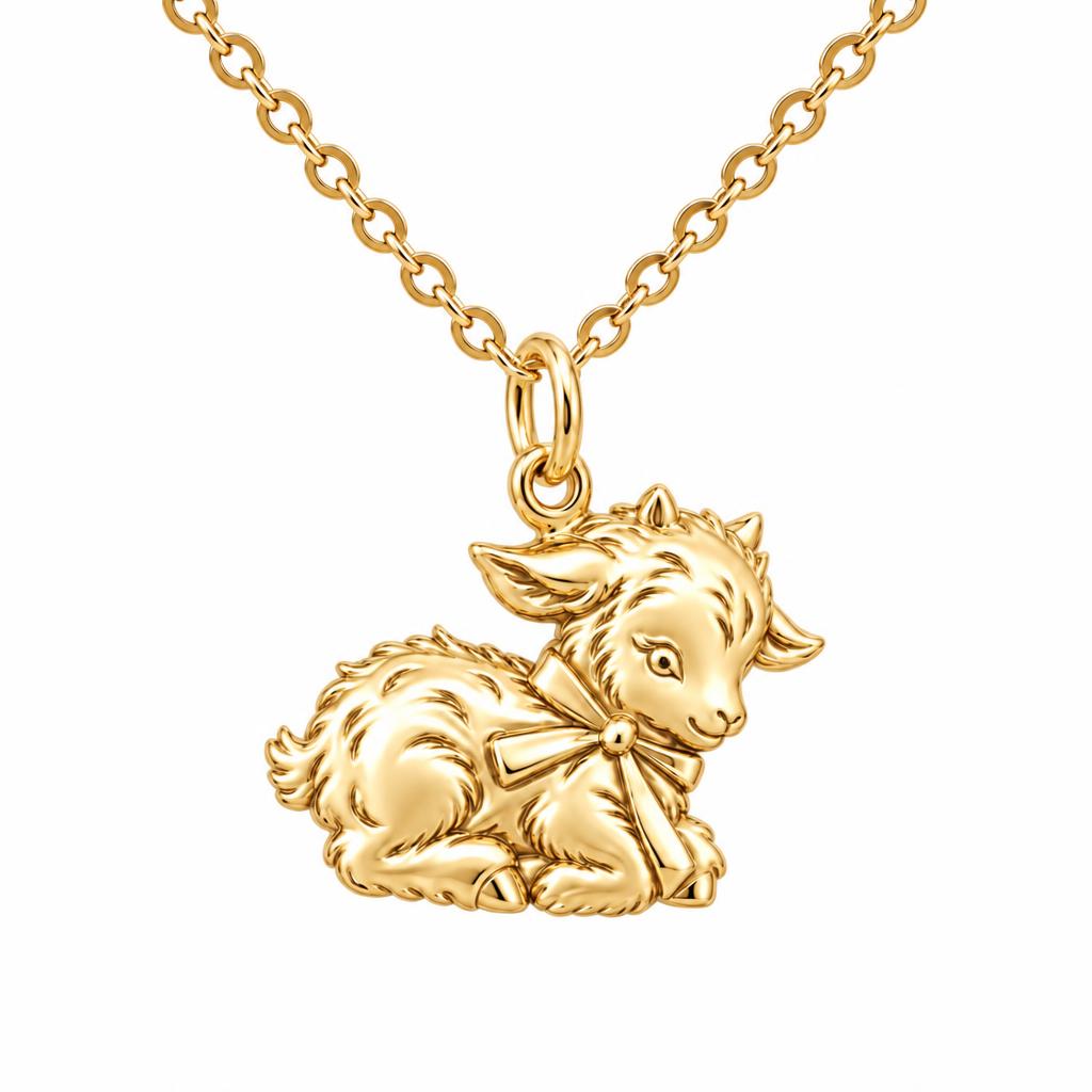 Sweet Baby Goat with Bow Charm Necklace Set – 18K gold, front view