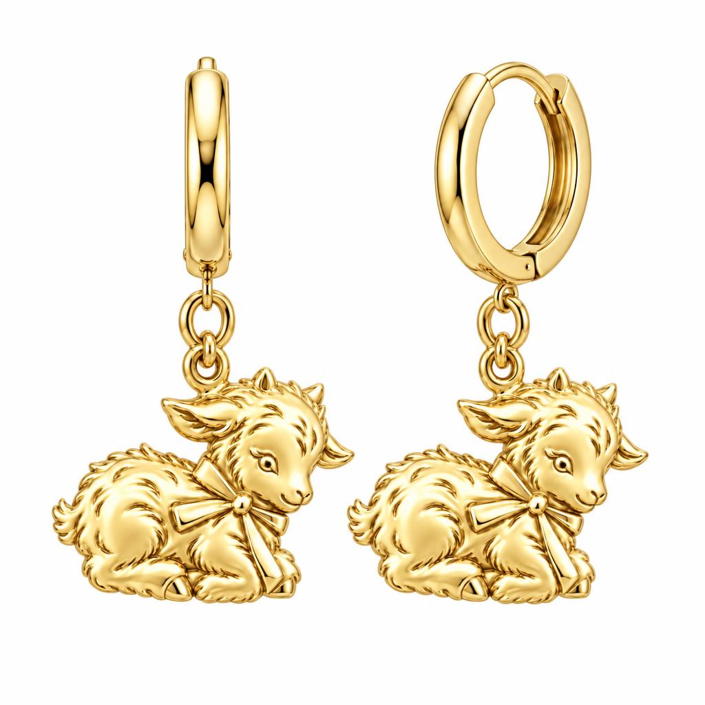 Sweet Baby Goat with Bow Huggie Charm Earrings – 18K gold, front view