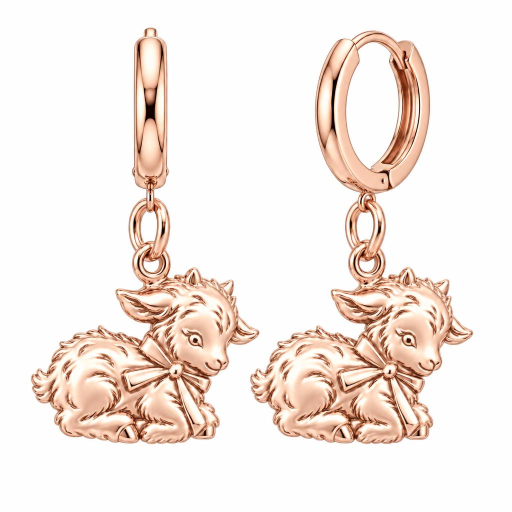 Sweet Baby Goat with Bow Huggie Charm Earrings – rose gold, front view