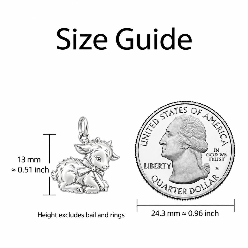 Sweet Baby Goat with Bow Keepsake Plaque – size guide, 13 mm charm next to a quarter