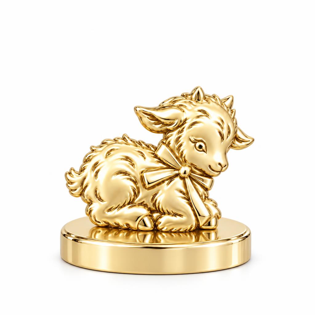 Sweet Baby Goat with Bow Keepsake Plaque – 18K gold, front view