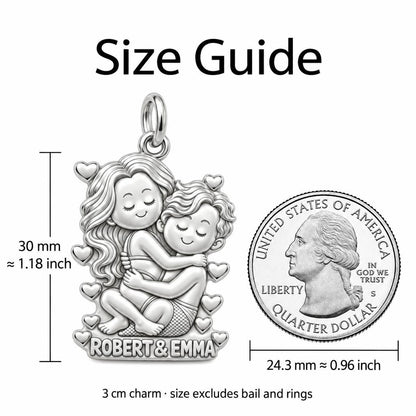 Sweet Couple Embrace Charm Bracelet – Personalized Couple Gift – size guide, 3 cm charm next to a quarter