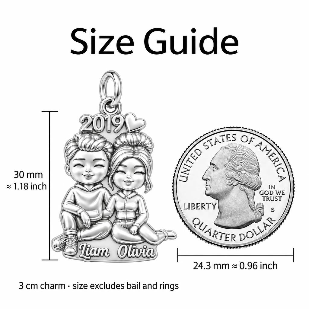 Sweet Couple Soulmates Charm Bracelet – Personalized Couple Gift – size guide, 3 cm charm next to a quarter