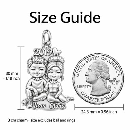 Sweet Couple Soulmates Charm Bracelet – Personalized Couple Gift – size guide, 3 cm charm next to a quarter