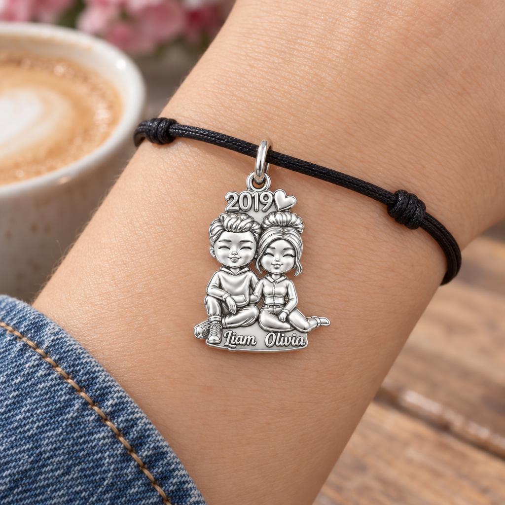Sweet Couple Soulmates Charm Bracelet – Personalized Couple Gift – worn on the wrist on a black cord bracelet