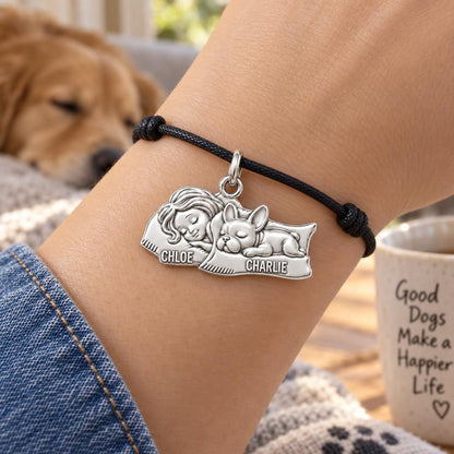 Sweet Dreams Slumber Charm Bracelet – Personalized Dog Mom Gift – worn on the wrist on a black cord bracelet