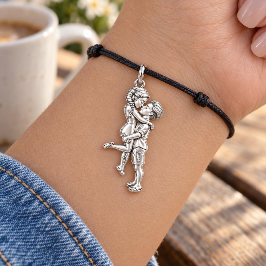Sweet Embrace Charm Bracelet – Personalized Couple Gift – worn on the wrist on a black cord bracelet