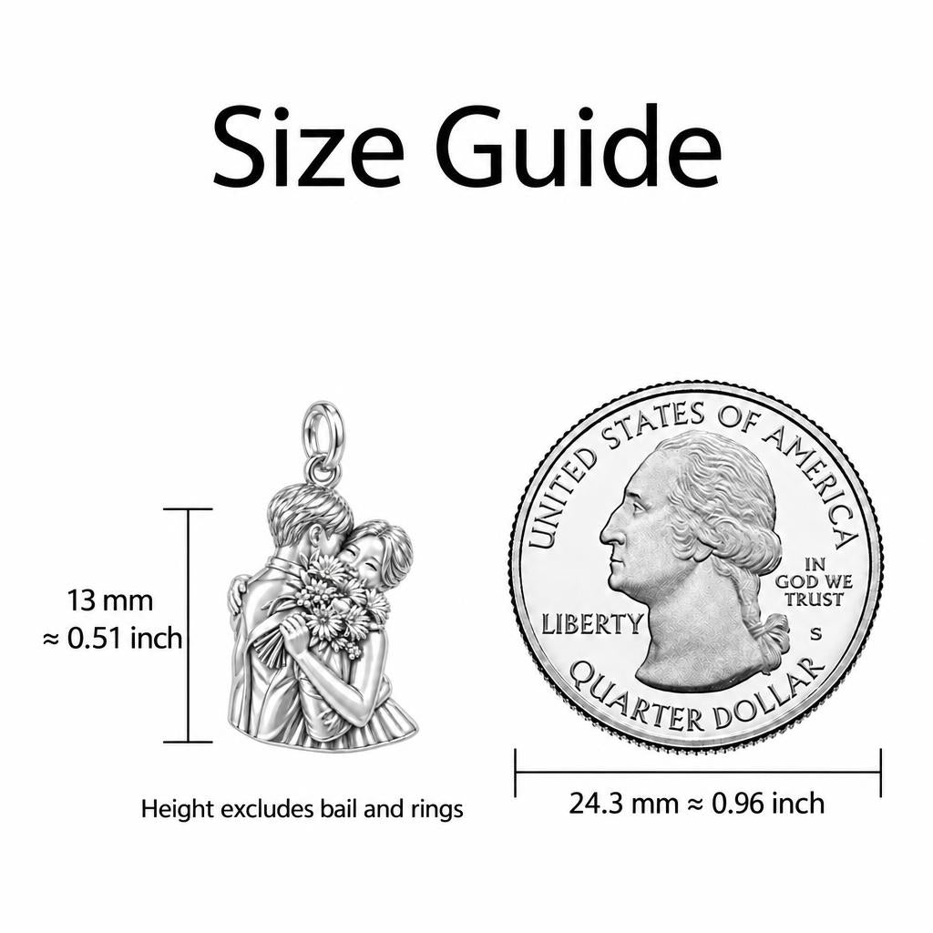Sweet Embrace Floral Charm Bracelet – Personalized Couple Gift – size guide, 13 mm charm next to a quarter