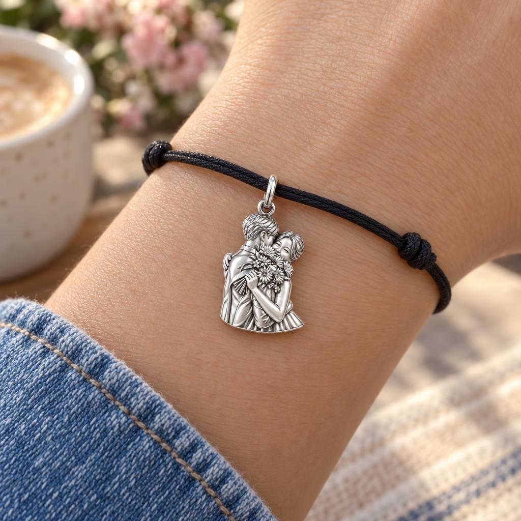 Sweet Embrace Floral Charm Bracelet – Personalized Couple Gift – worn on the wrist on a black cord bracelet