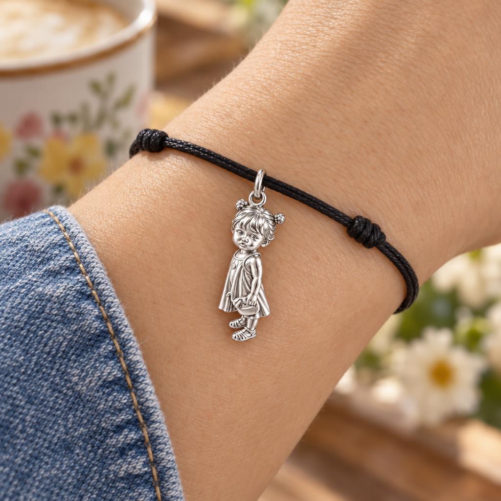 Sweet Little One Charm Bracelet – Personalized Mom Gift – worn on the wrist on a black cord bracelet