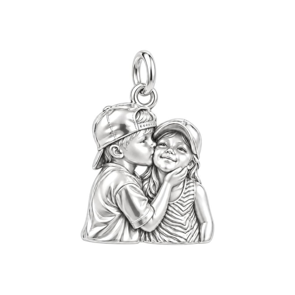 Sweet Sibling Kiss Charm Bracelet – Personalized Mom Gift – silver charm, front view