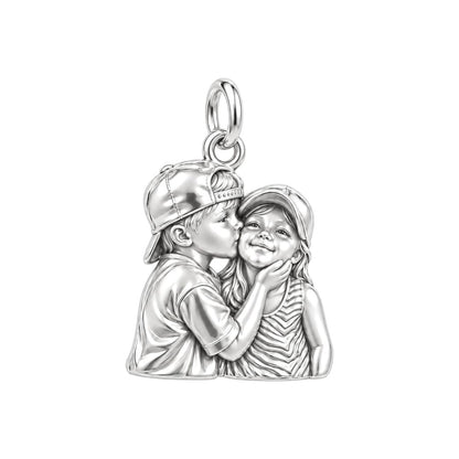 Sweet Sibling Kiss Charm Bracelet – Personalized Mom Gift – silver charm, front view
