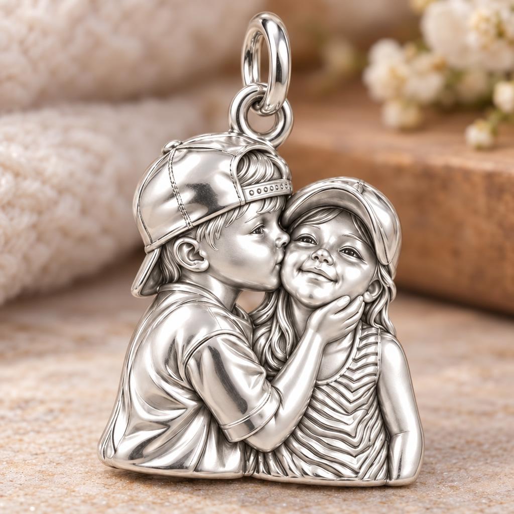 Sweet Sibling Kiss Charm Bracelet – Personalized Mom Gift – macro detail of the charm
