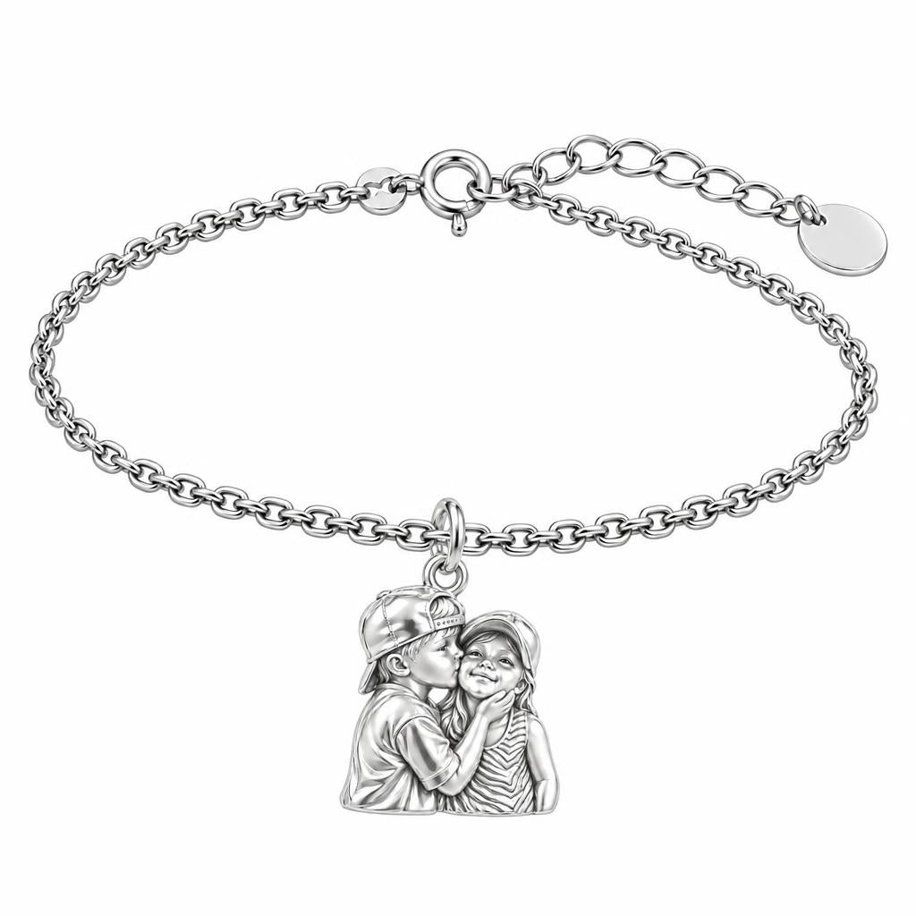 Sweet Sibling Kiss Charm Bracelet Set – silver, front view