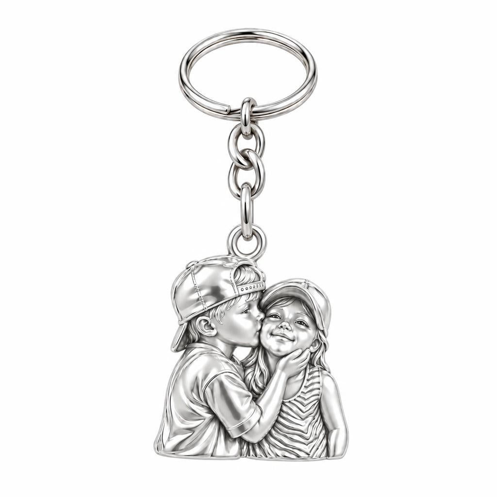 Sweet Sibling Kiss Charm Keychain – silver, front view