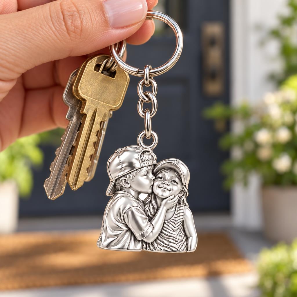 Sweet Sibling Kiss Charm Keychain – worn / in use