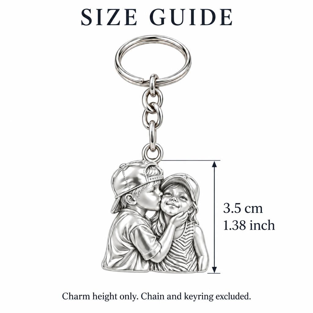 Sweet Sibling Kiss Charm Keychain – size guide, 3.5 cm (1.38 in) charm, chain and keyring excluded