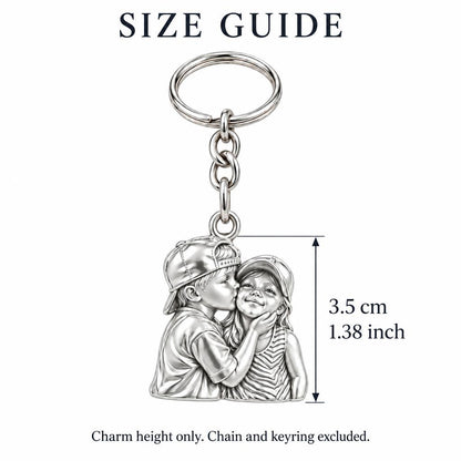 Sweet Sibling Kiss Charm Keychain – size guide, 3.5 cm (1.38 in) charm, chain and keyring excluded