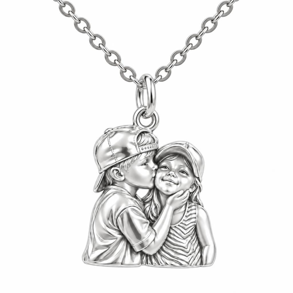 Sweet Sibling Kiss Charm Necklace Set – silver, front view