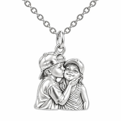 Sweet Sibling Kiss Charm Necklace Set – silver, front view