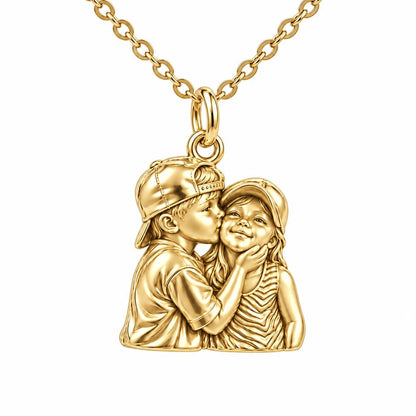 Sweet Sibling Kiss Charm Necklace Set – 18K gold, front view