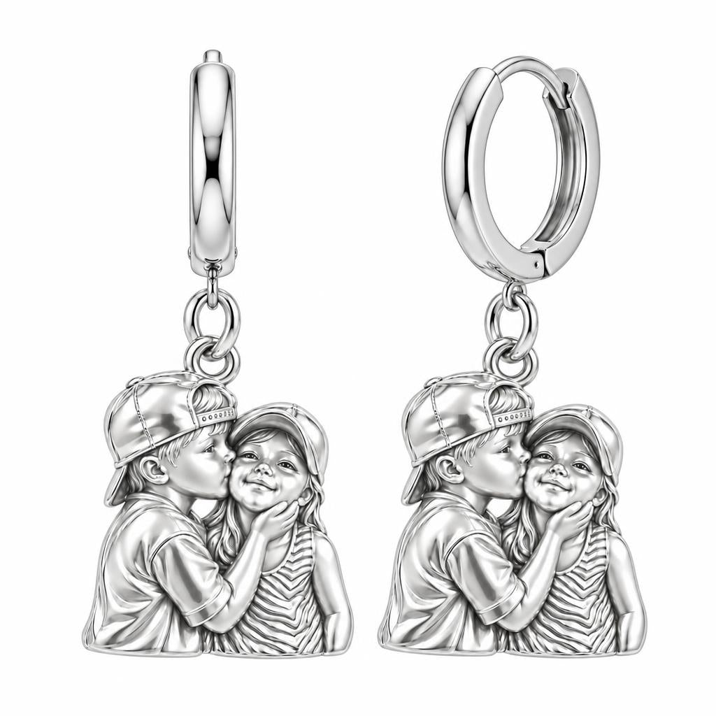 Sweet Sibling Kiss Huggie Charm Earrings – silver, front view
