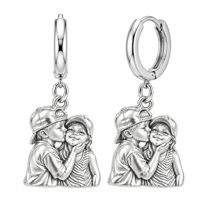 Sweet Sibling Kiss Huggie Charm Earrings – silver, front view