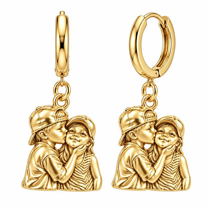 Sweet Sibling Kiss Huggie Charm Earrings – 18K gold, front view