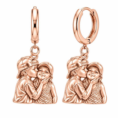 Sweet Sibling Kiss Huggie Charm Earrings – rose gold, front view