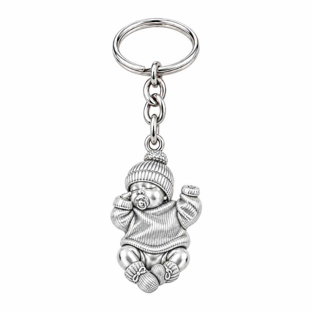 Sweet Sleeping Newborn Charm Keychain – silver, front view