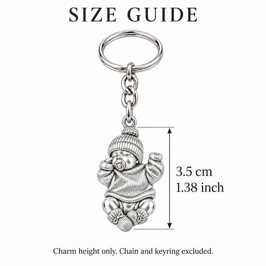Sweet Sleeping Newborn Charm Keychain – size guide, 3.5 cm (1.38 in) charm, chain and keyring excluded