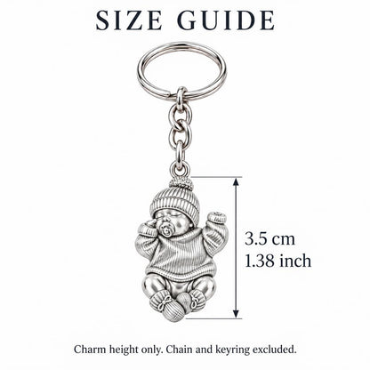 Sweet Sleeping Newborn Charm Keychain – size guide, 3.5 cm (1.38 in) charm, chain and keyring excluded