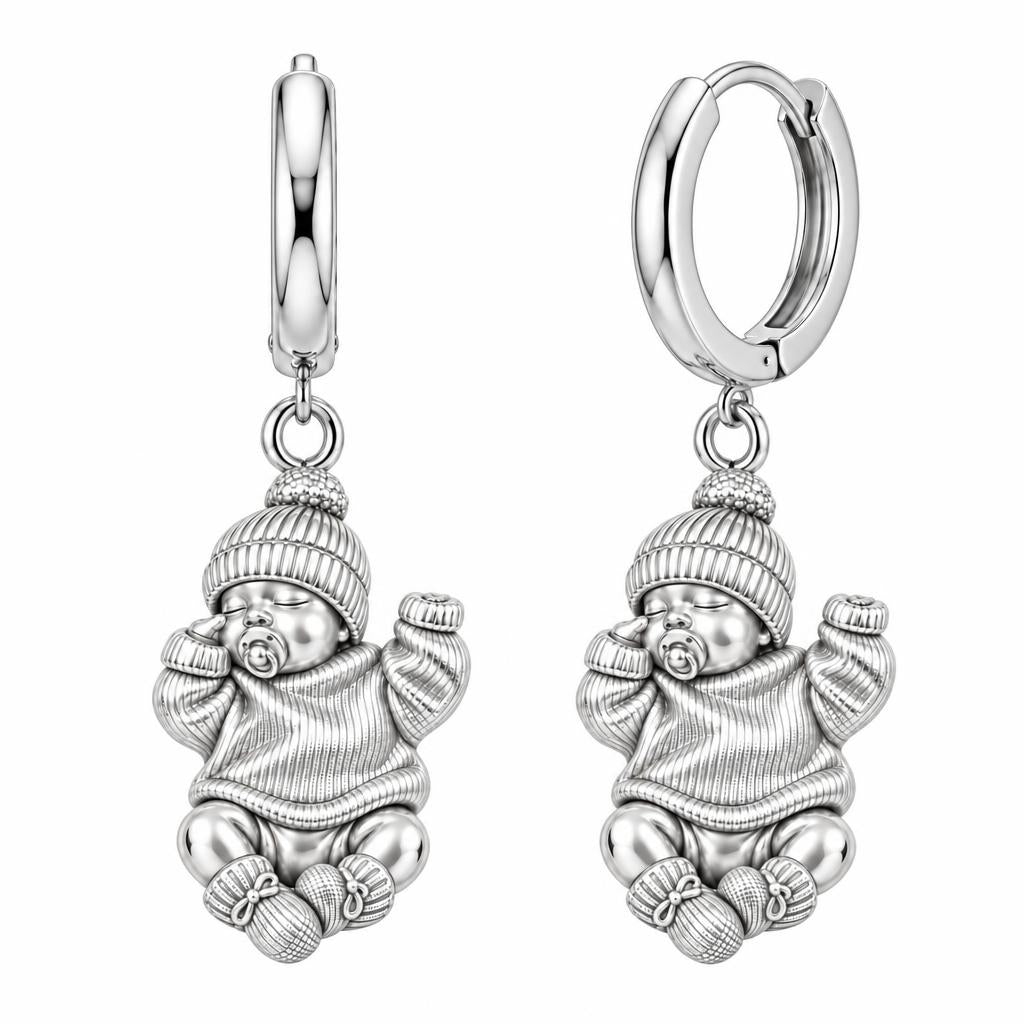 Sweet Sleeping Newborn Huggie Charm Earrings – silver, front view