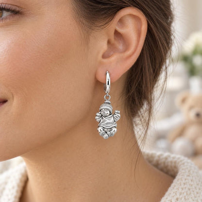 Sweet Sleeping Newborn Huggie Charm Earrings – worn / in use
