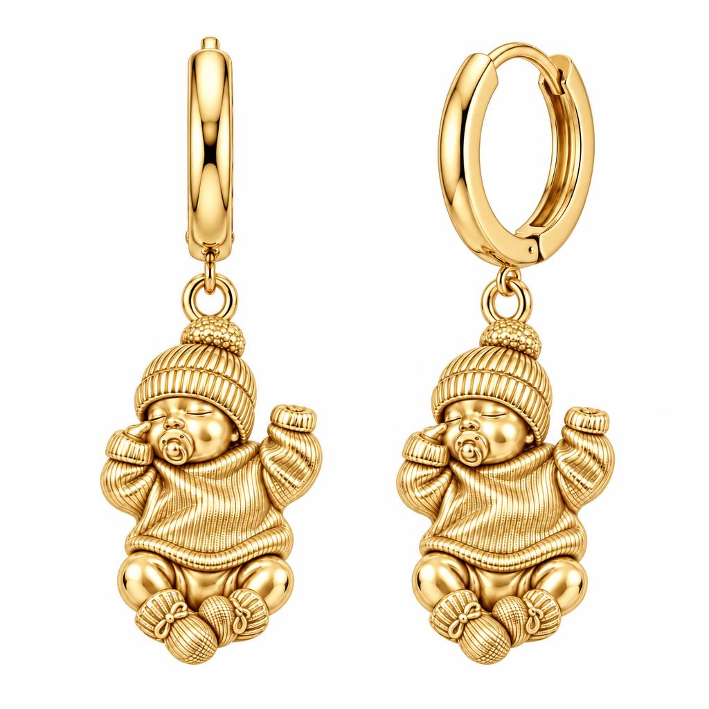 Sweet Sleeping Newborn Huggie Charm Earrings – 18K gold, front view