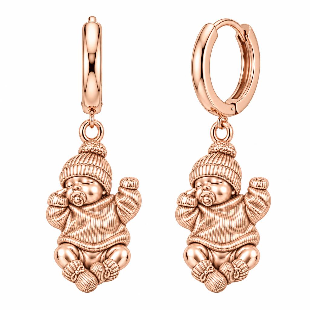 Sweet Sleeping Newborn Huggie Charm Earrings – rose gold, front view