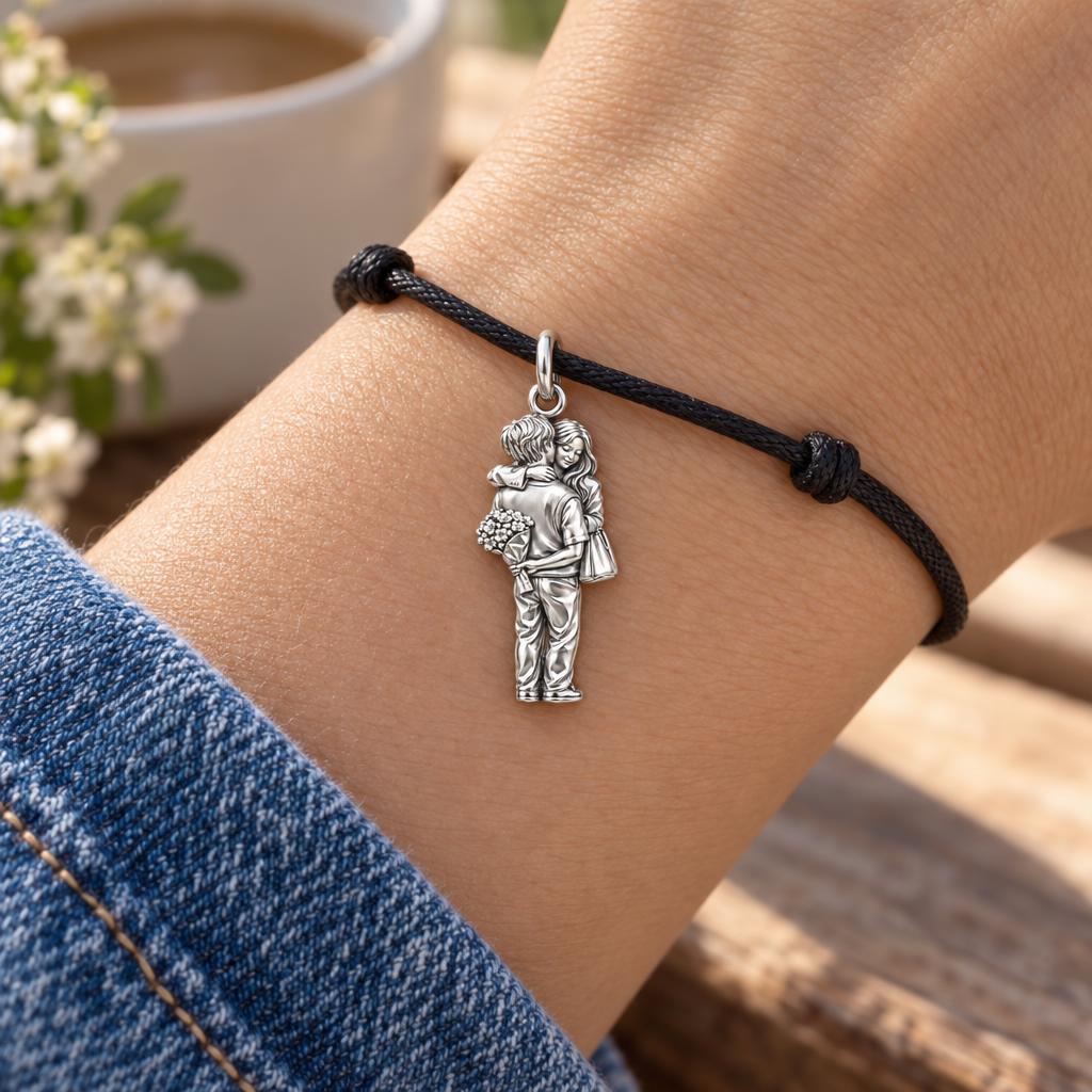 Sweet Surprise Hug Charm Bracelet – Personalized Couple Gift – worn on the wrist on a black cord bracelet