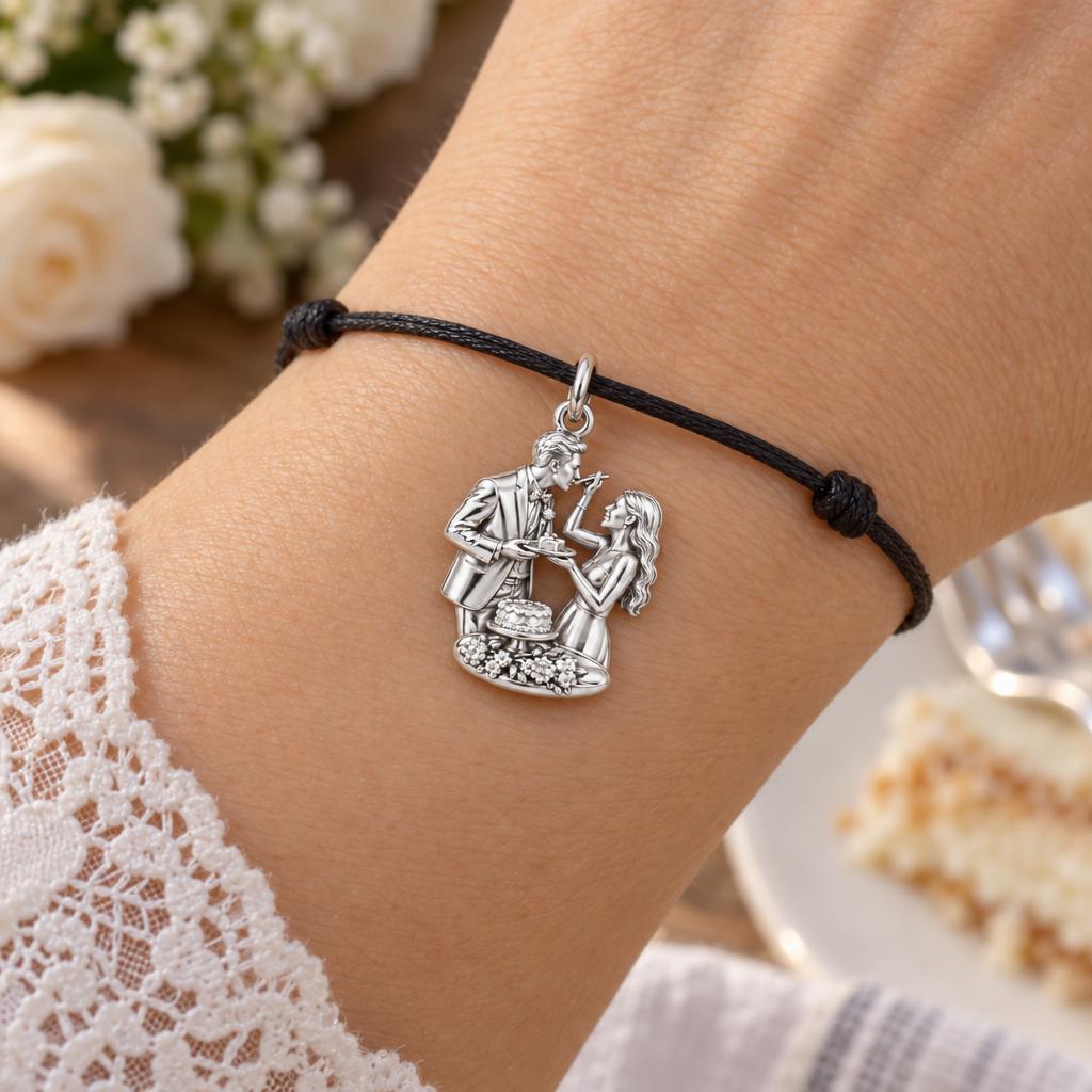 Sweet Wedding Cake Moment Charm Bracelet – Personalized Couple Gift – worn on the wrist on a black cord bracelet