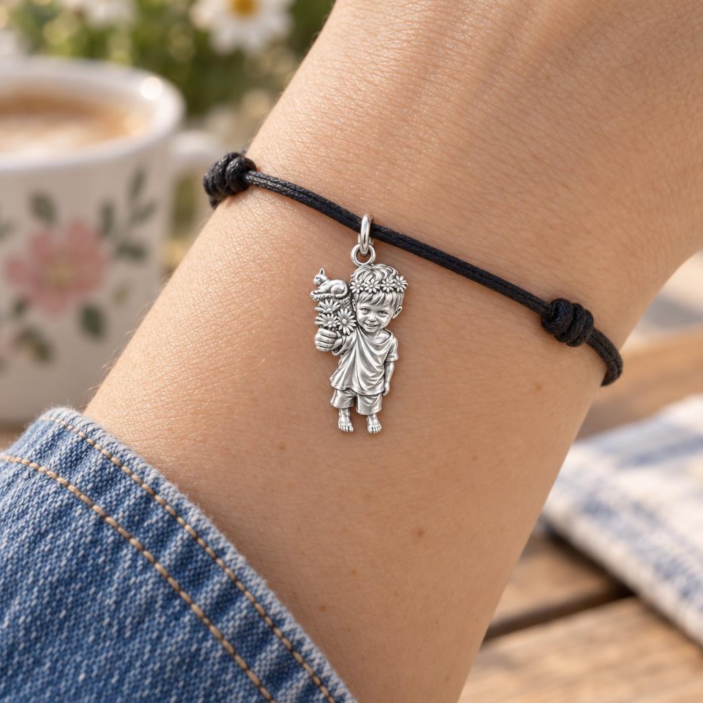 Sweetest Bloom Charm Bracelet – Personalized Mom Gift – worn on the wrist on a black cord bracelet