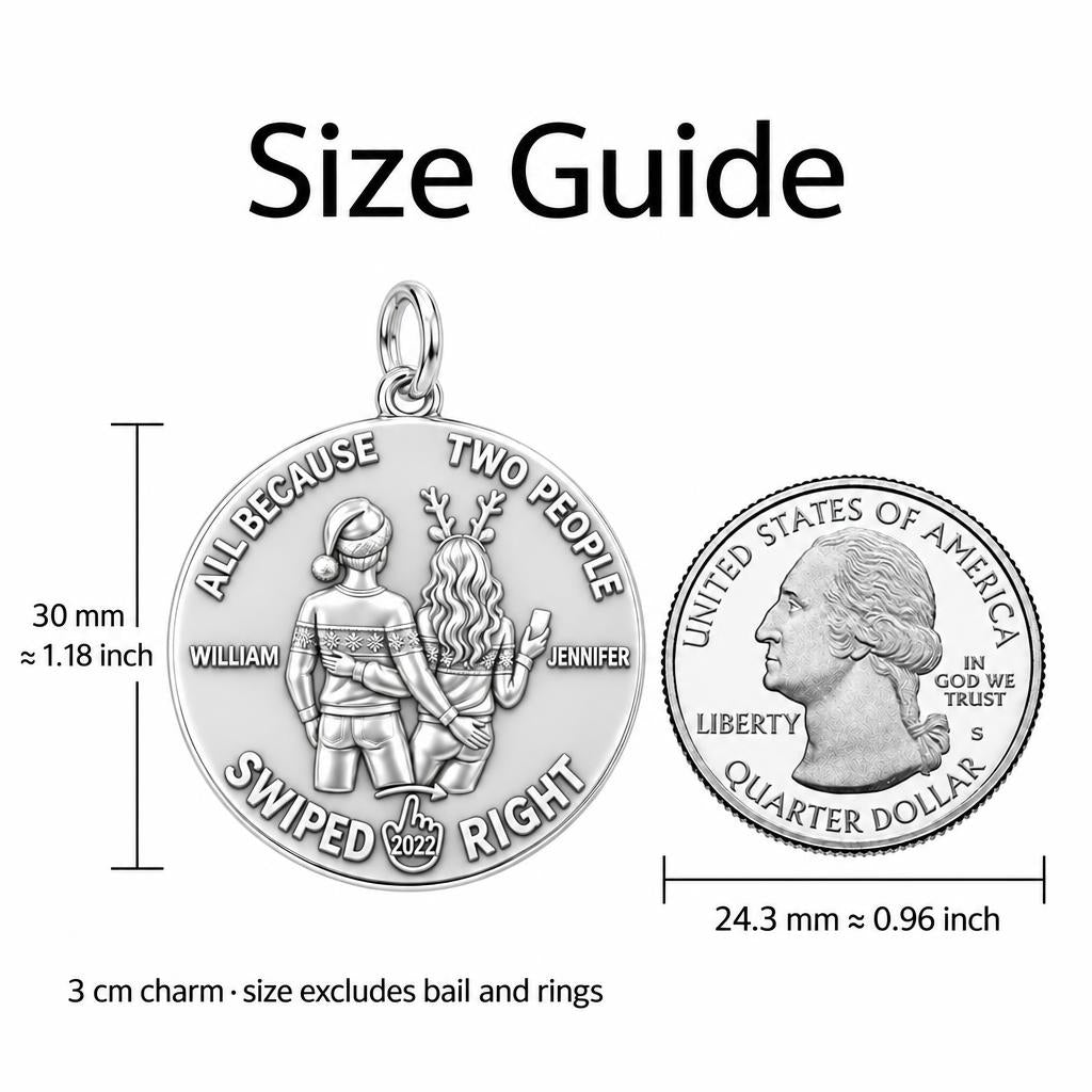 Swiped Right Couple Charm Bracelet – Personalized Couple Gift – size guide, 3 cm charm next to a quarter