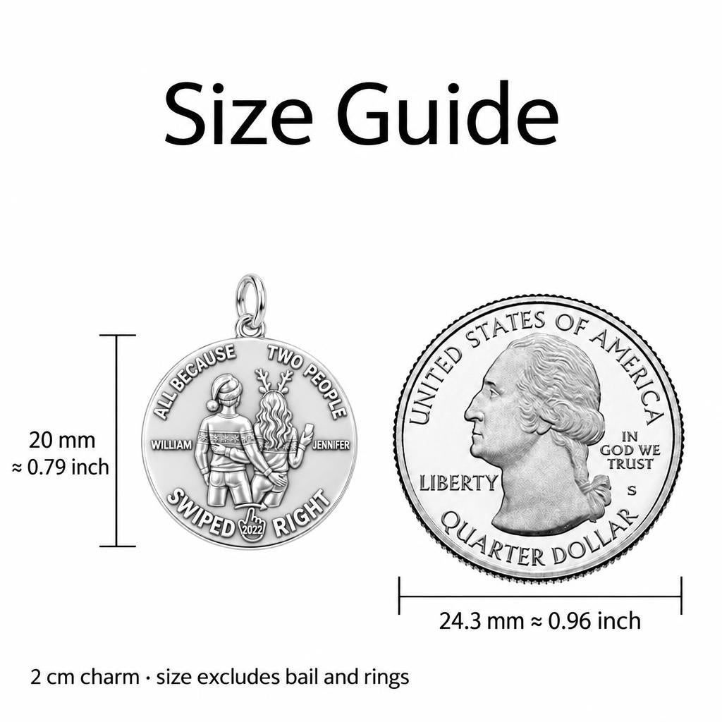 Swiped Right Couple Charm Bracelet – Personalized Couple Gift – size guide, 2 cm charm next to a quarter