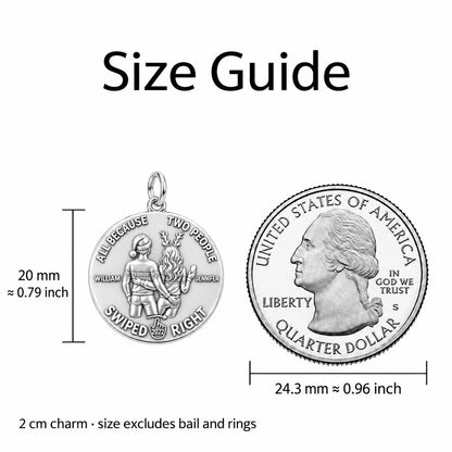 Swiped Right Couple Charm Bracelet – Personalized Couple Gift – size guide, 2 cm charm next to a quarter